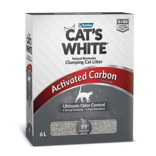 Scatola di lettiera agglomerante per gatti al carbone attivo Cat's White da 6 L