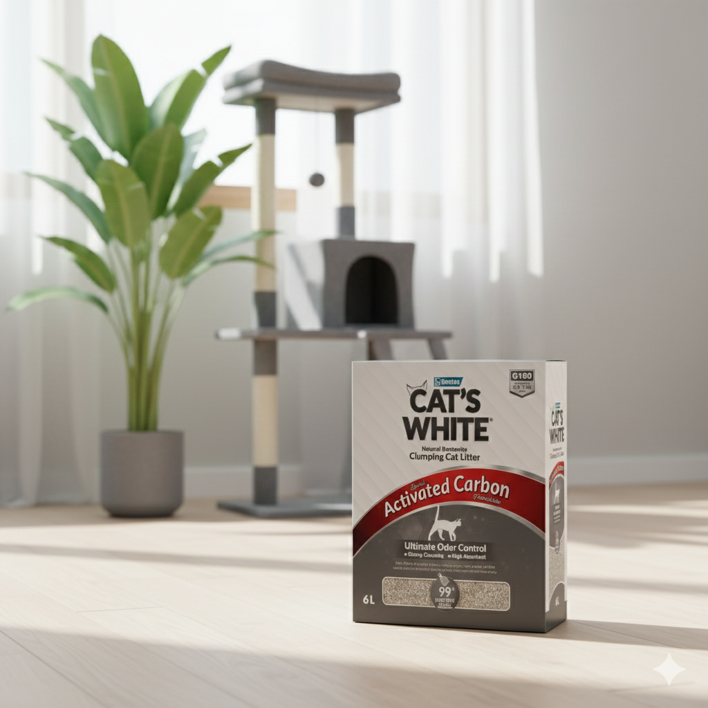 Scatola di lettiera agglomerante per gatti al carbone attivo Cat's White da 6 L