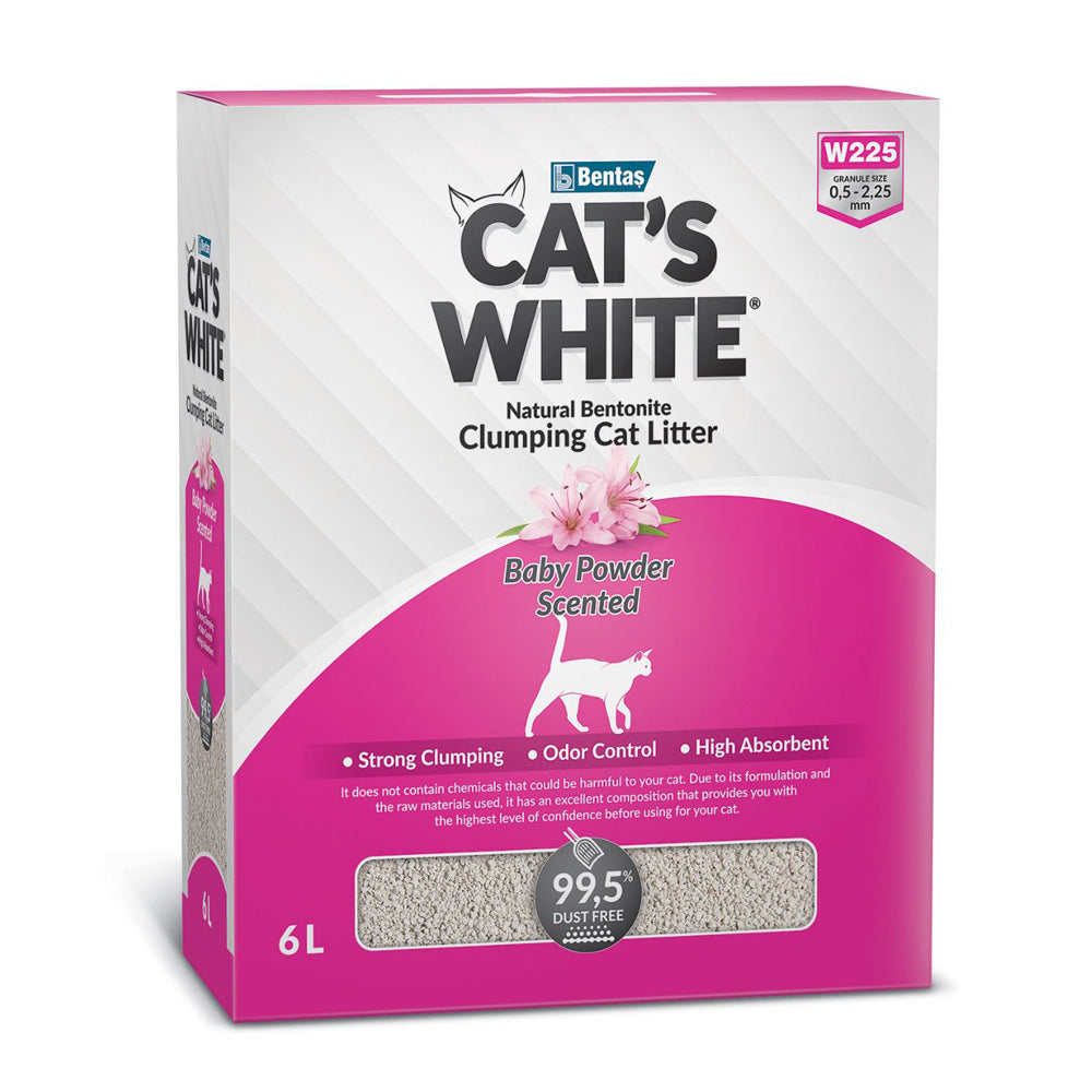 Scatola di lettiera agglomerante per gatti profumata al talco Cat's White da 6 L